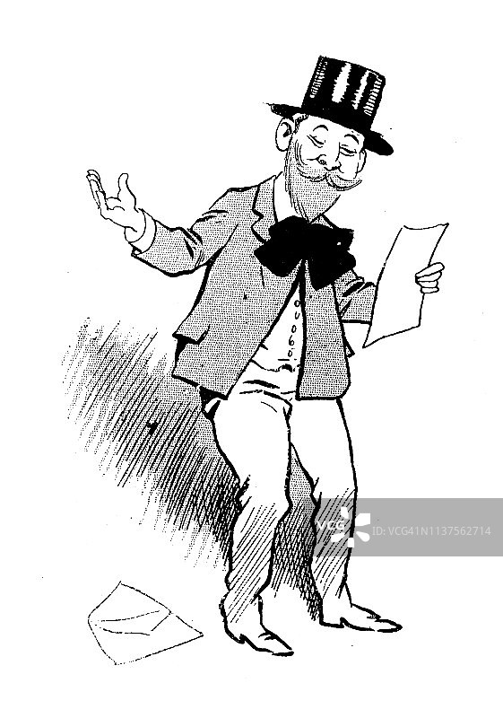 老式幽默漫画插画：打开并阅读信件图片素材