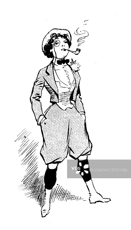 古董幽默卡通插图：吸烟的女人图片素材