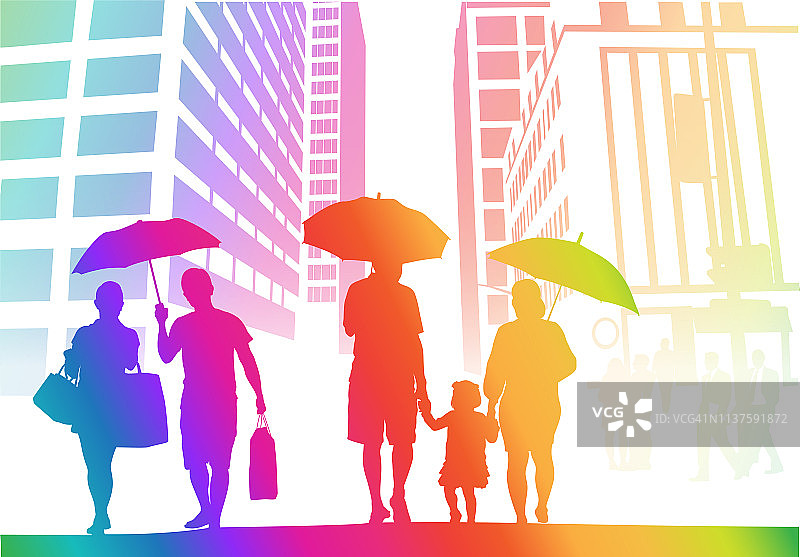 大城市的雨伞天气彩虹图片素材