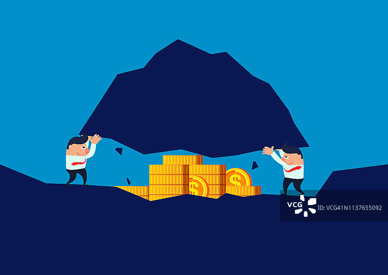 惊喜，两位商人抬起石头，发现一堆金币图片素材