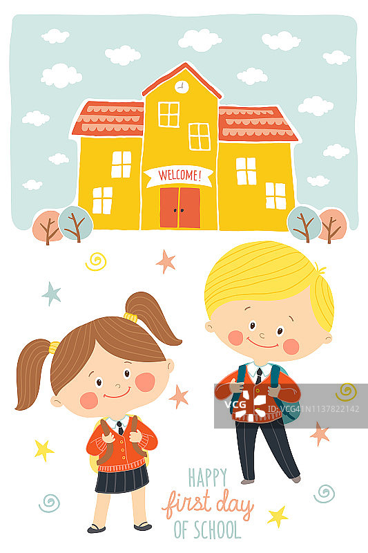 开学第一天快乐贺卡设计：孩子们去上学，穿着校服、背着书包的微笑男孩和女孩在校园里，学校建筑外观，卡通扁平风格矢量插画图片素材