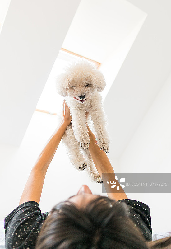 在舒适卧室里抱着爱犬的放松女人图片素材