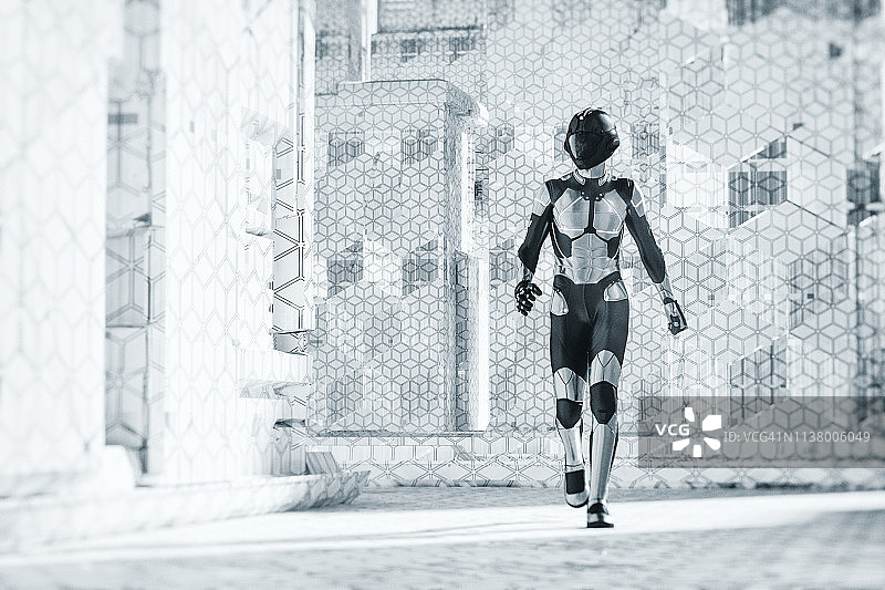 未来城市街道与赛博格行人图片素材
