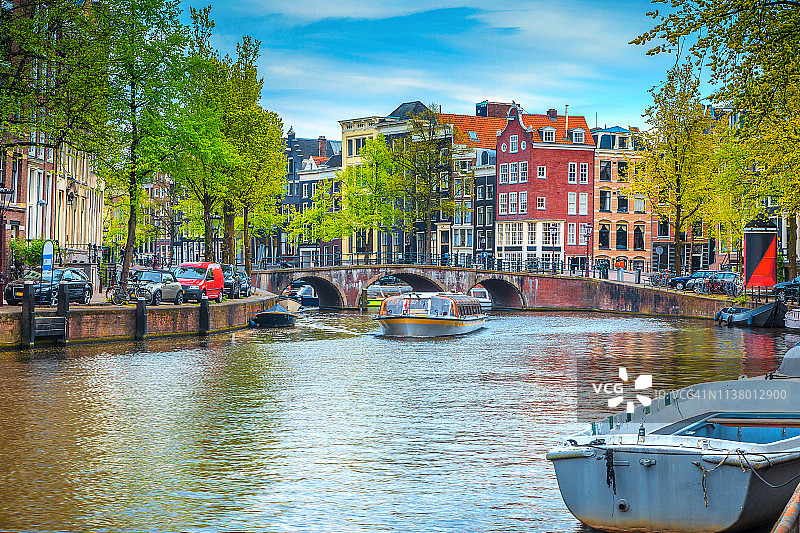 阿姆斯特丹城市天际线：运河与游船图片素材