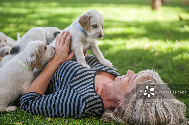 女人和她的斑点狗幼犬玩耍图片素材
