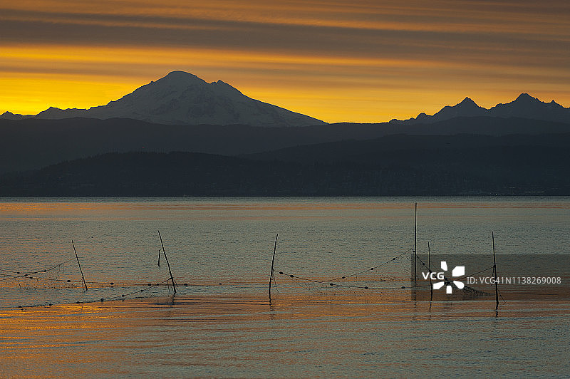 华盛顿州贝灵厄姆湾日出时分的三文鱼渔网图片素材