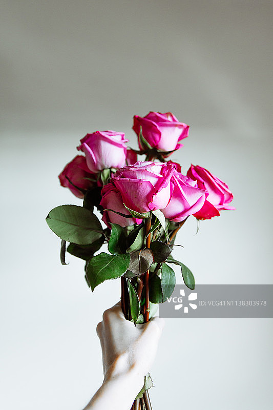 手持玫瑰花束的个人视角图片素材