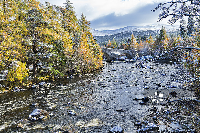 从迪桥眺望迪河，靠近布雷马尔，雪景，洛克纳加尔，苏格兰，英国图片素材