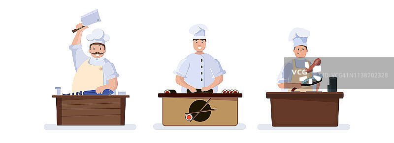 烹饪厨师角色合集：制作寿司、牛排和鱼图片素材