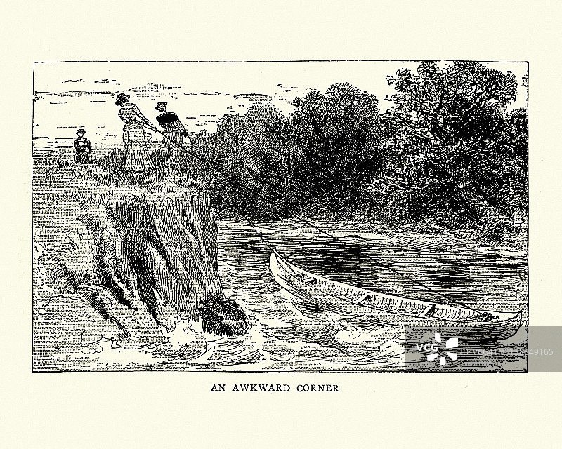 19世纪沃里克郡埃文河上的女子独木舟之旅，1884年图片素材