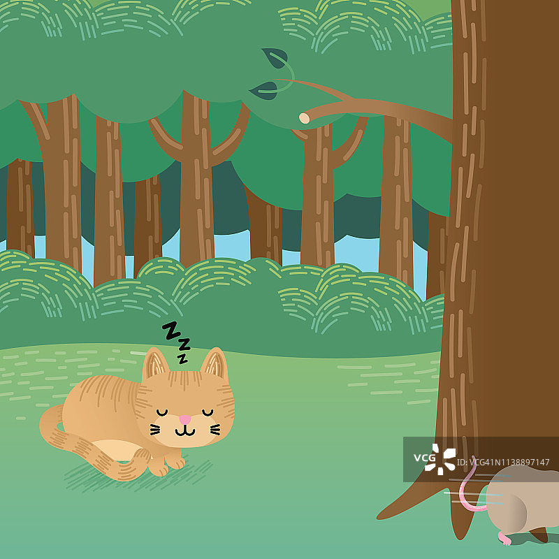 猫咪坐在树林里观察老鼠图片素材