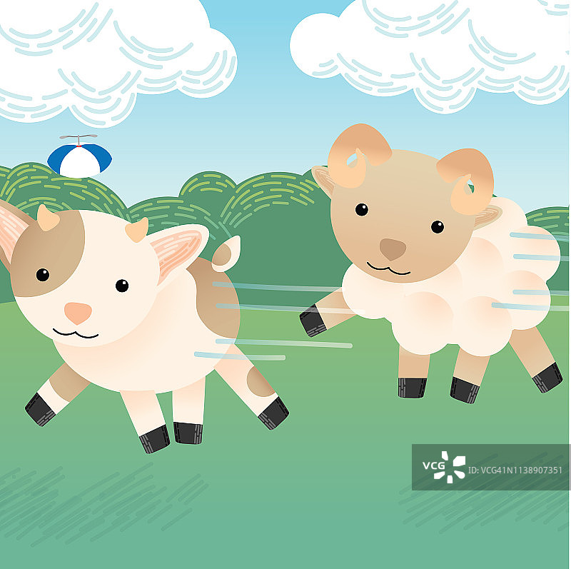 在牧场奔跑的可爱山羊和绵羊图片素材