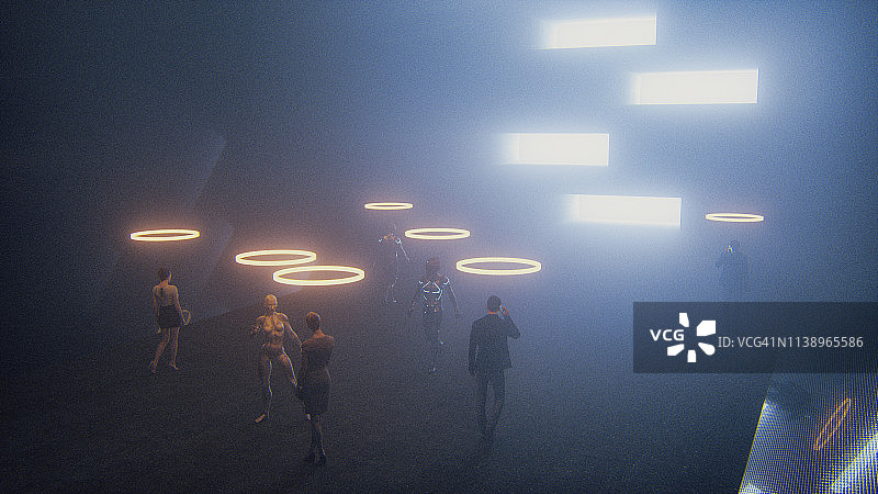 人们走在未来主义的昏暗街道上图片素材