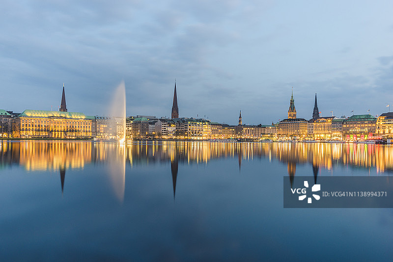 德国汉堡：傍晚的内阿尔斯特湖和市中心图片素材