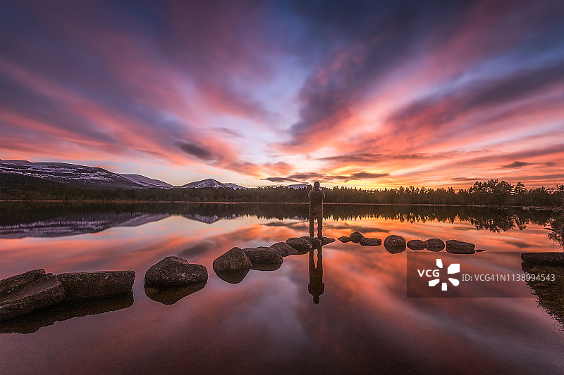 英国苏格兰高地：凯恩戈姆国家公园，莫里奇湖日落，徒步者伫立石上图片素材