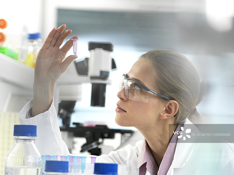 科学家在实验室准备用于分析的小瓶样品图片素材