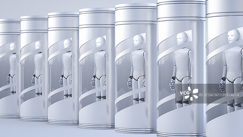 玻璃柜中排列的机器人，3D渲染图片素材