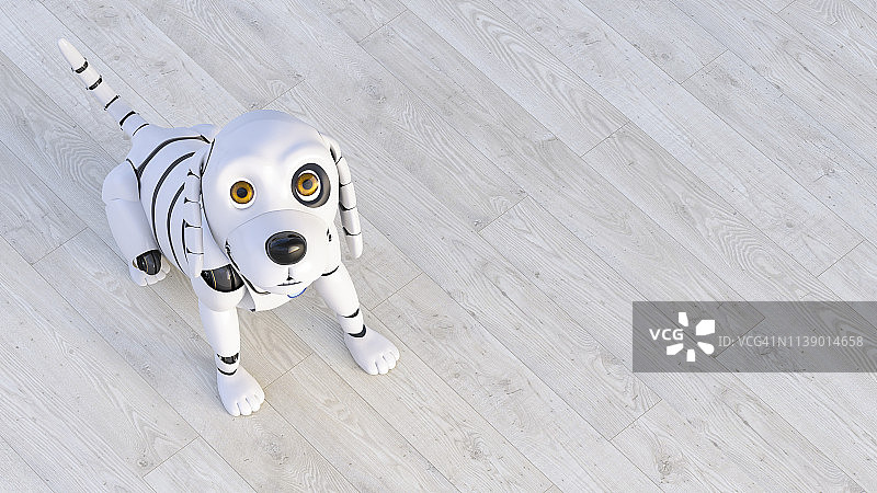 坐在木地板上的机器狗肖像，3D渲染图片素材