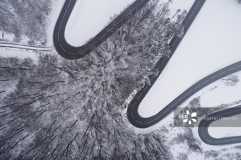 奥地利维也纳森林雪景蜿蜒道路鸟瞰图片素材