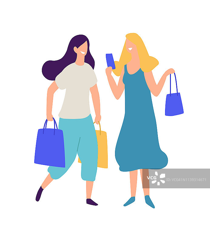 购物女孩矢量插画：折扣促销，购物狂在线线下交流图片素材