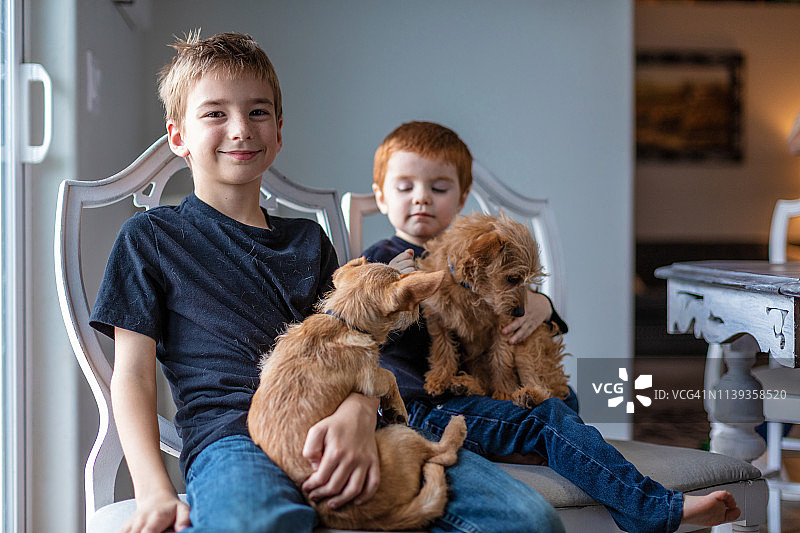 快乐的红发和金发男孩在家玩小狗图片素材