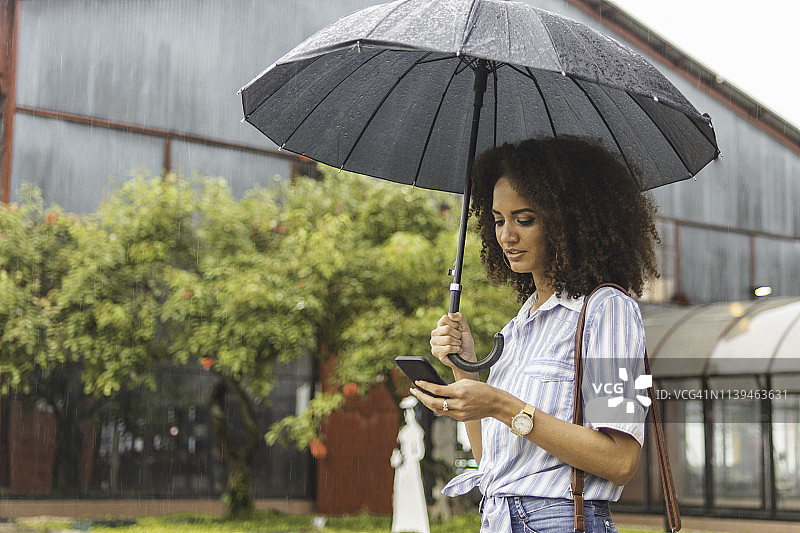 一名年轻女子在雨天用智能手机等出租车图片素材