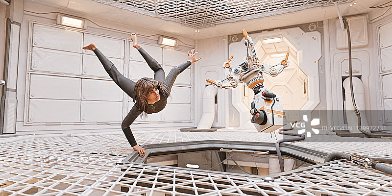 失重状态：漂浮在宇宙飞船内的女人和机器人图片素材