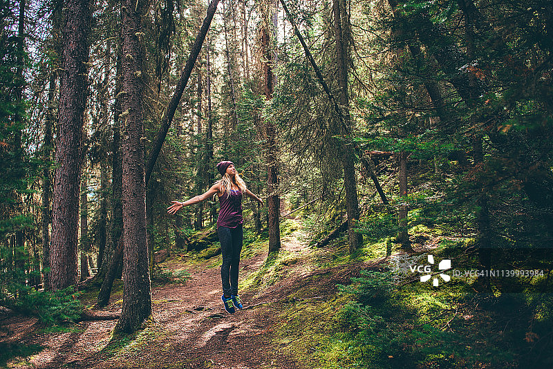 徒步者欣赏森林，约翰斯顿峡谷步道，加拿大班夫图片素材