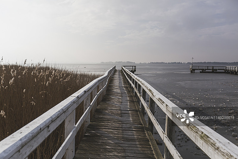 德国梅克伦堡-前波美拉尼亚州维克冬季木栈道冰冻的浅滩图片素材