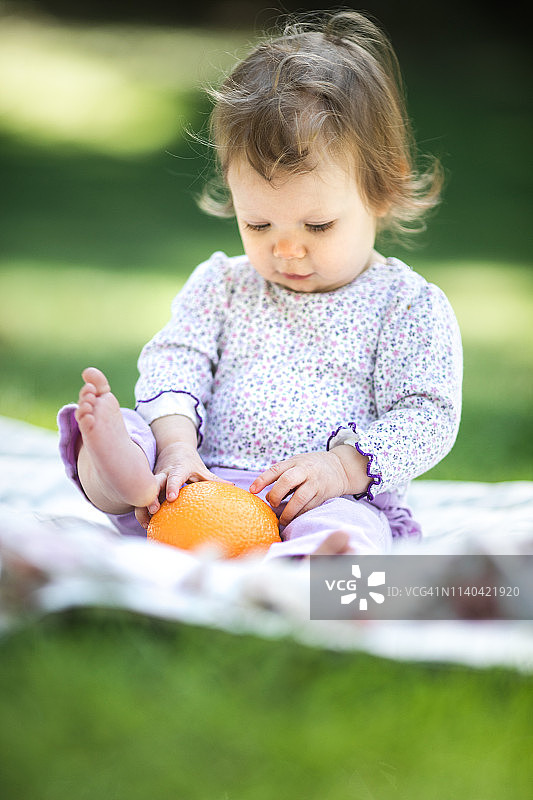 正在检查新鲜橙子的可爱婴儿图片素材