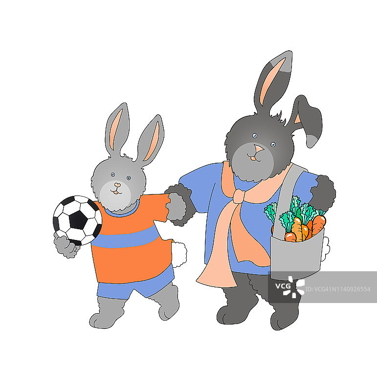 灰色母兔/奶奶兔和孩子的插图，白色背景图片素材