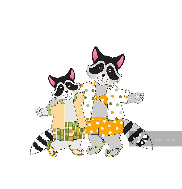 成年雌性浣熊（母亲/祖母）与孩子穿着色彩鲜艳的衣服，在白色背景下拥抱的插画图片素材