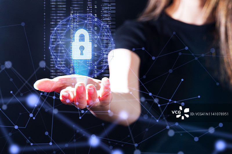 带有安全密钥锁图标和二进制的手势界面技术图片素材