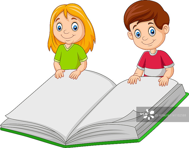 卡通男孩和女孩拿着巨型书本图片素材