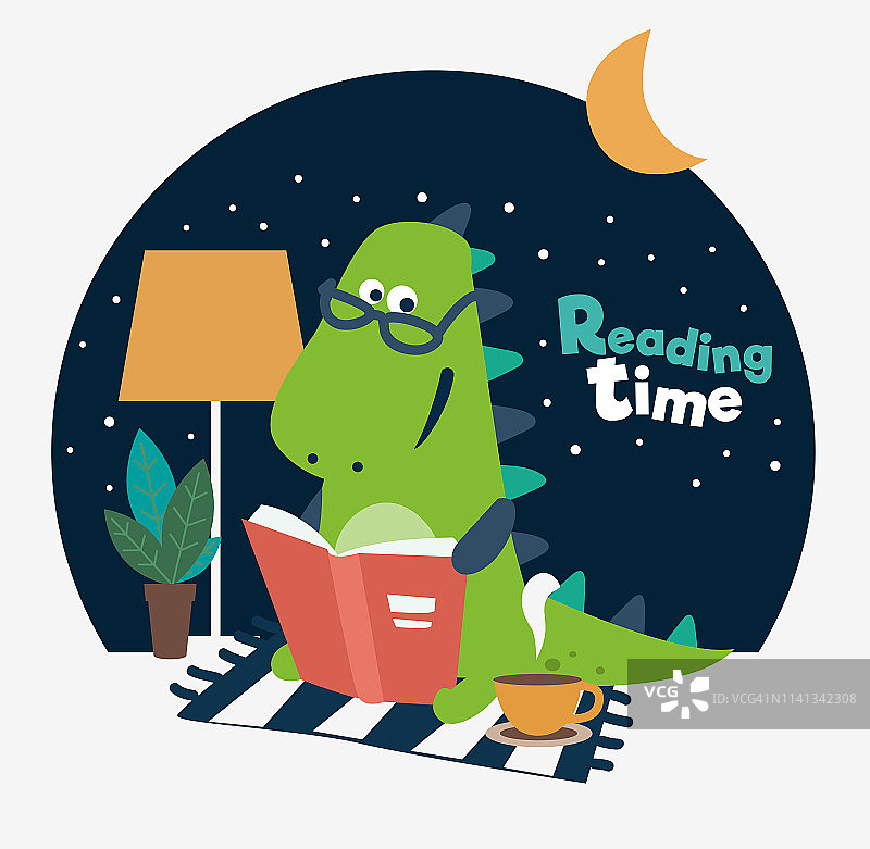 可爱恐龙阅读书籍，有趣的霸王龙喝茶图片素材