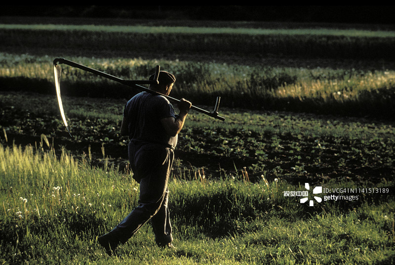法国农民扛着镰刀在田野里图片素材