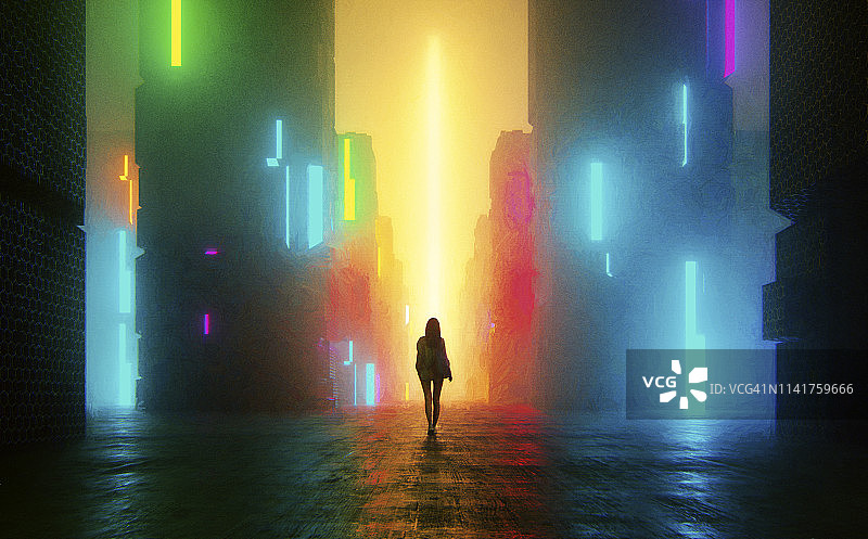 晚上站在街上的茫然的年轻女人图片素材