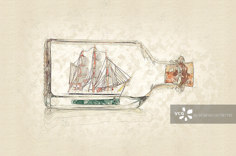 瓶中船混合数字技术图片素材