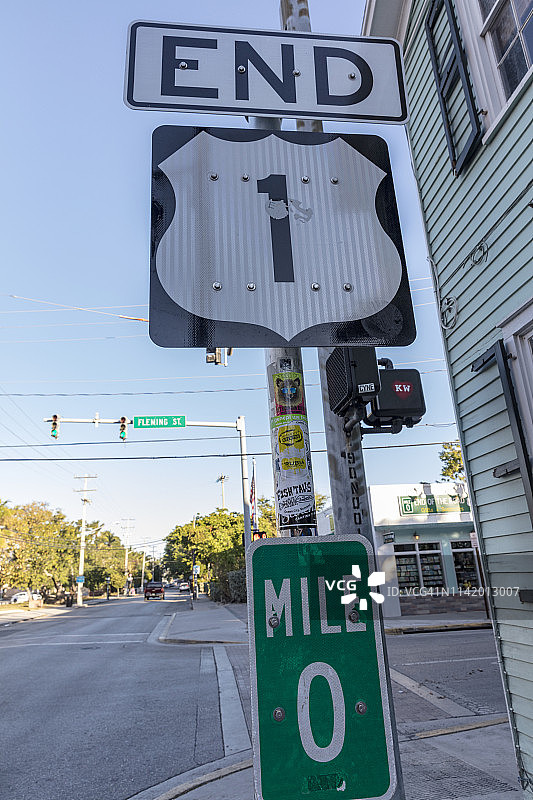 美国1号公路终点，零英里标志，基韦斯特，佛罗里达州，美国图片素材