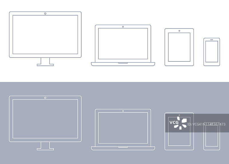 科技设备：电脑显示器、电视、笔记本电脑、平板电脑、智能手机图标集图片素材