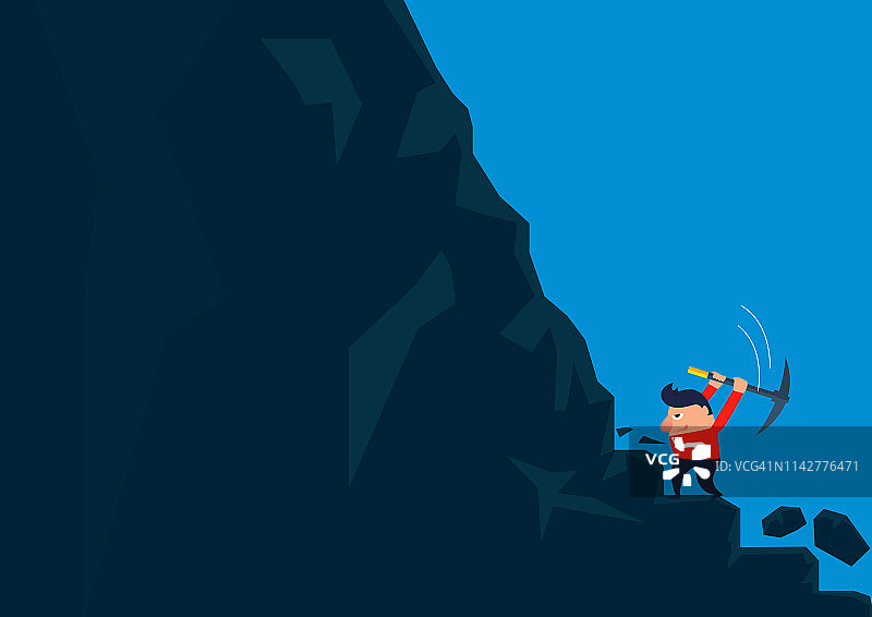 毅力：商人用镐在陡峭的悬崖上挖掘阶梯图片素材