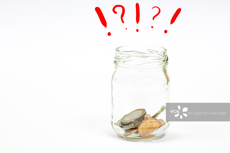 带有感叹号和问号的玻璃罐里的钱图片素材