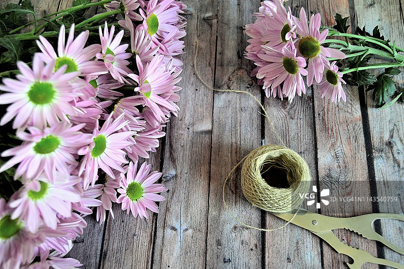 木桌上的粉色雏菊图片素材