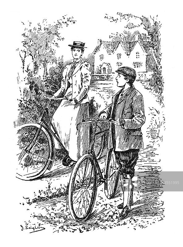 英式讽刺漫画插画——骑自行车的女人和男孩图片素材