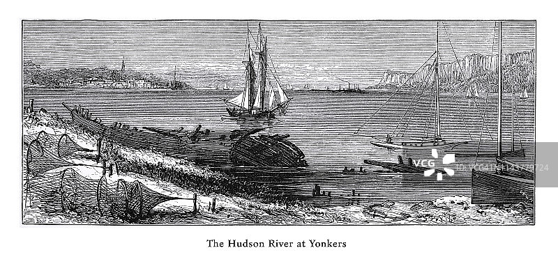 1872年美国维多利亚时期版画：从纽约州皮克斯基尔向北看哈德逊河图片素材