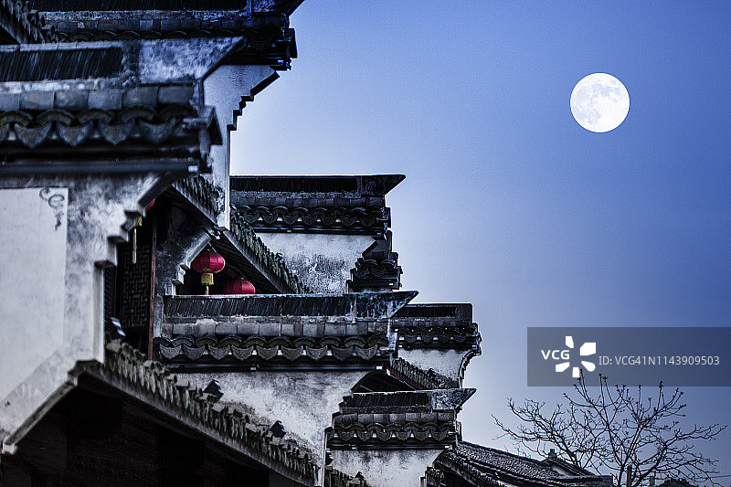 满月之夜的惠州建筑图片素材