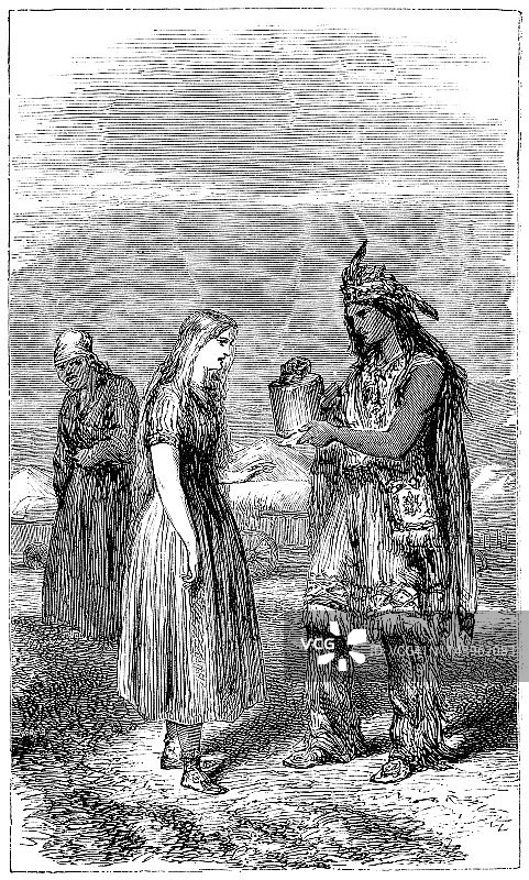 19世纪美洲原住民男子赠陶器给女子图片素材