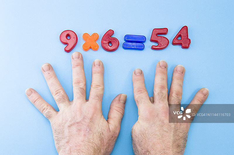 用手计算九的乘法（9 * 6 = 54）图片素材
