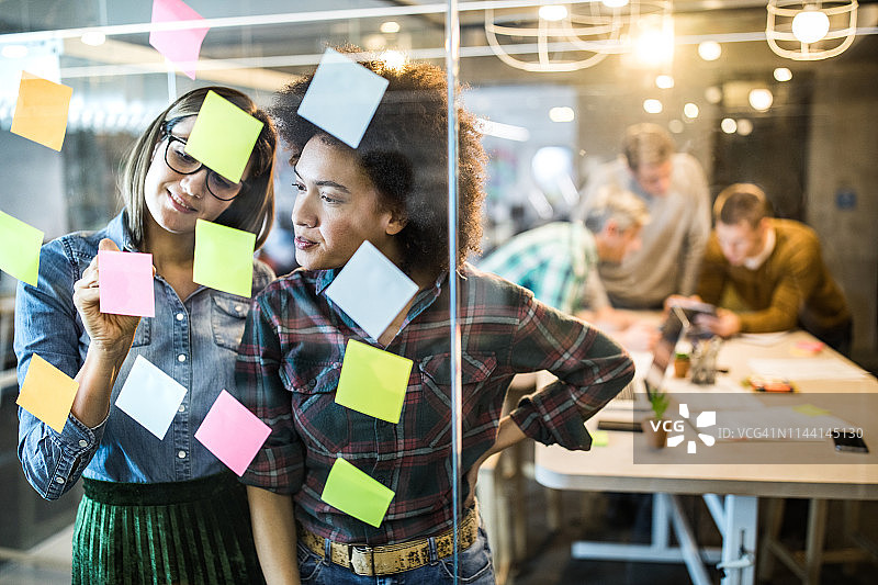 年轻的创意女性在办公室的玻璃墙上制作思维导图图片素材