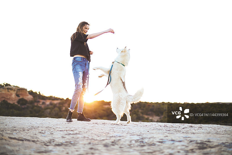 充满活力的青少年女性与哈士奇犬在科罗拉多州户外探索系列图片素材